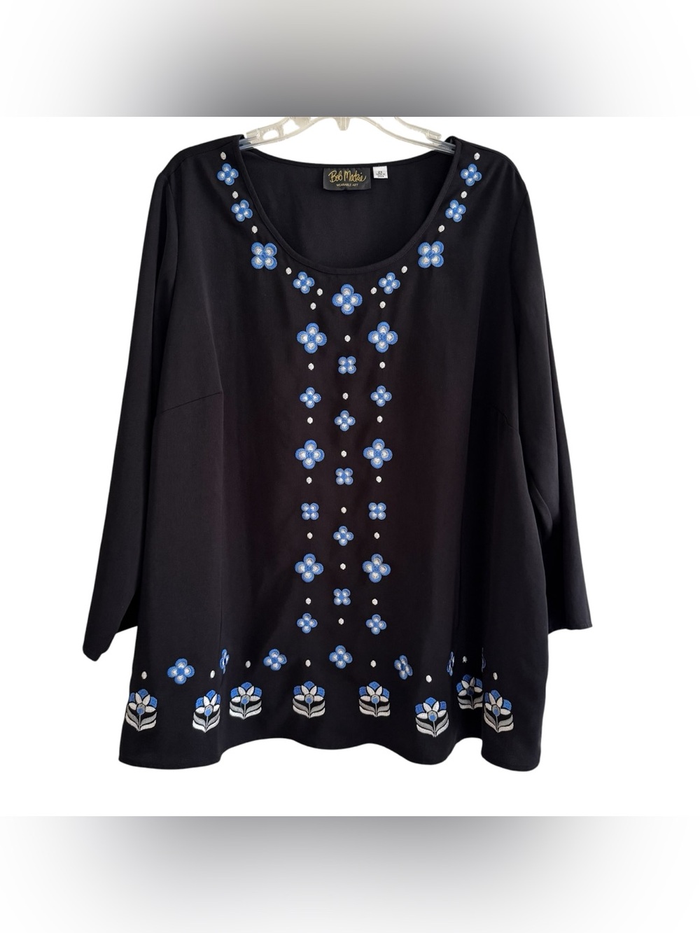 Bob Mackie Black Elegant Tunic Top Blue Floral Embroidery Grandma Artsy 2X